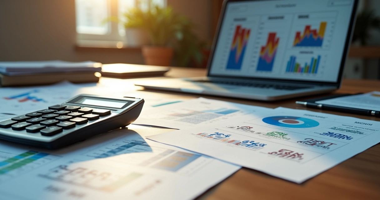 Desk with calculator, documents showing tax calculations and a computer screen with financial graphs