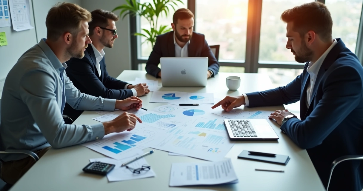 Business professionals analyzing financial charts and documents at a modern office table
