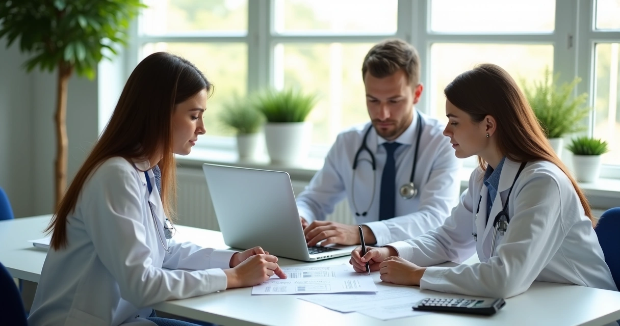 Healthcare professionals reviewing tax documents on a modern desk with laptop and calculator