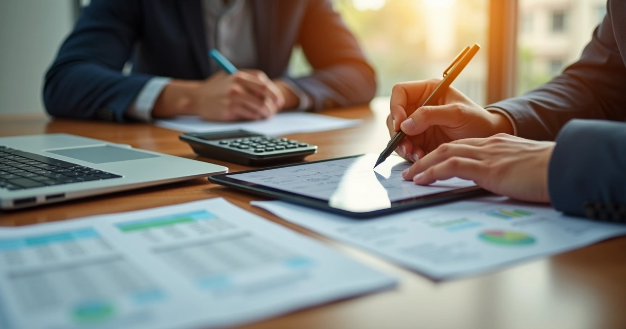 Close-up of hands holding a pen and filling out the DAS tax payment form on a tablet, with a laptop and calculator on a wooden desk in the background