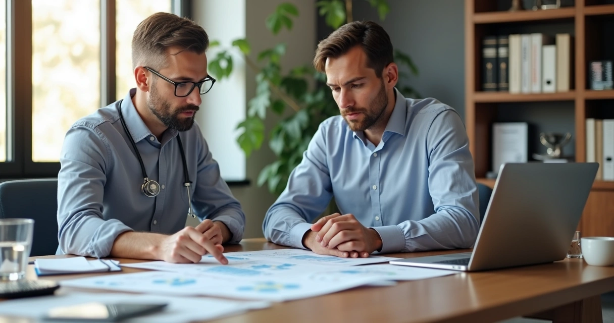 Dentist discussing tax documents with accountant in modern office setting