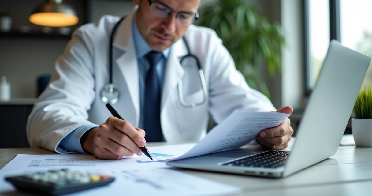 Dentist reviewing financial documents in modern office with laptop and calculator