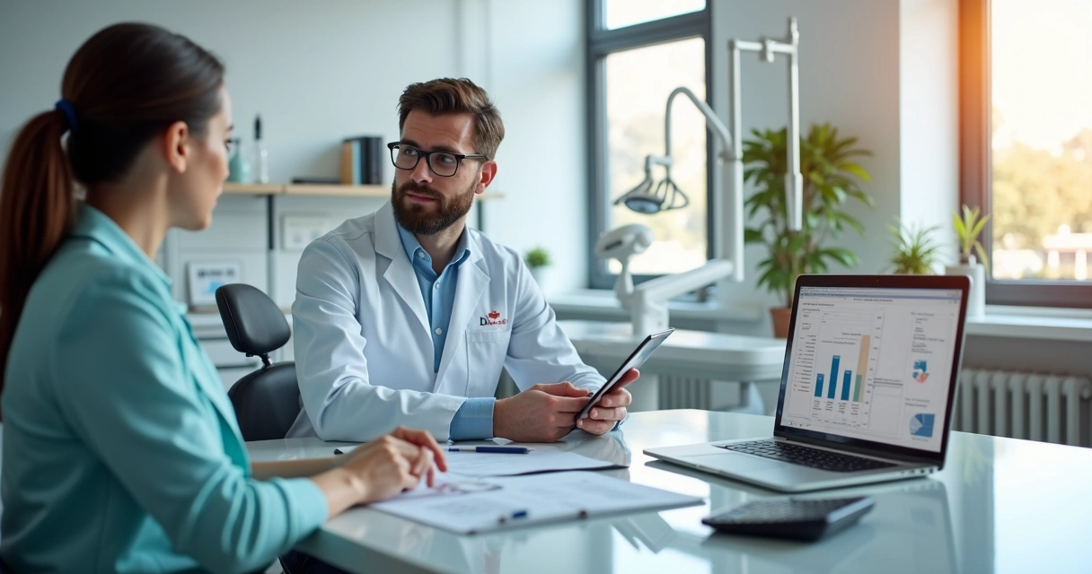 Dentist and accountant reviewing financial documents in modern dental office