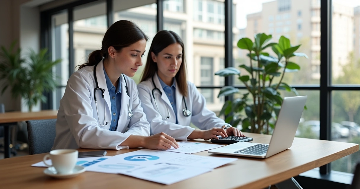 Healthcare professional and accountant analyzing tax documents on a desk with a laptop and calculator