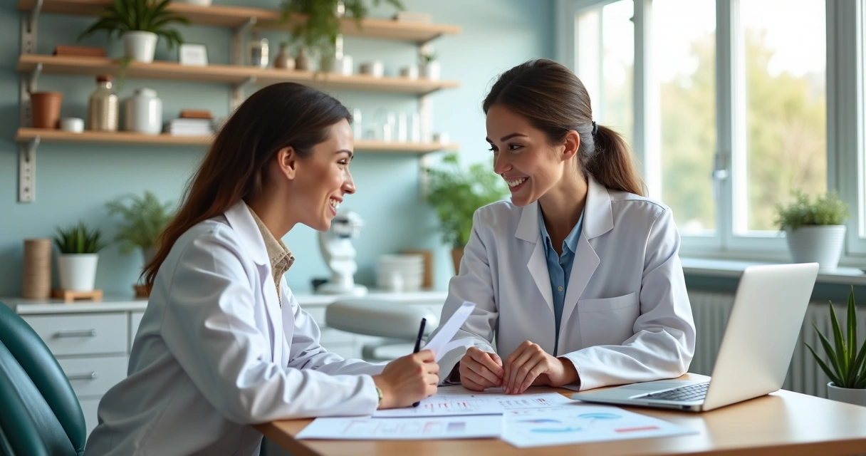 Dental clinic office with a financial advisor explaining tax documents to a dentist in modern workspace