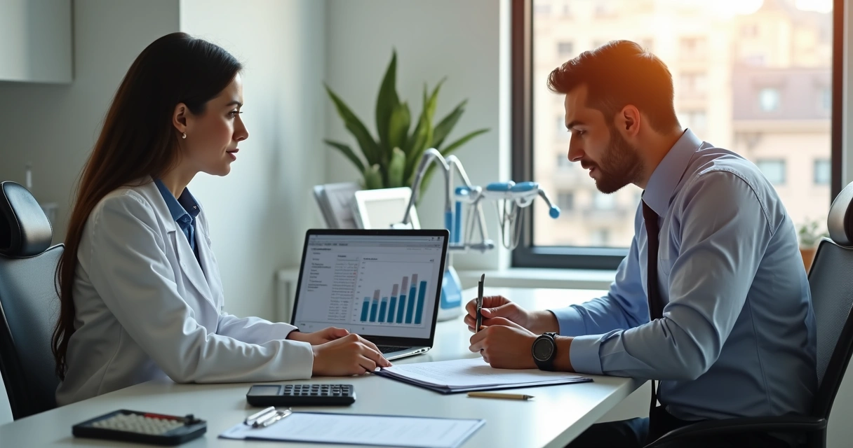 Dentist consulting tax documents with accountant in an office with laptop and financial charts