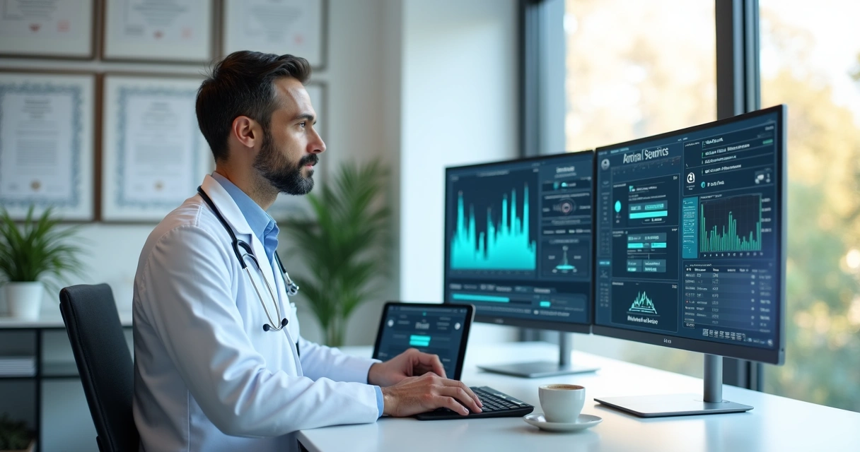 Doctor using computer with electronic medical record software in modern clinic