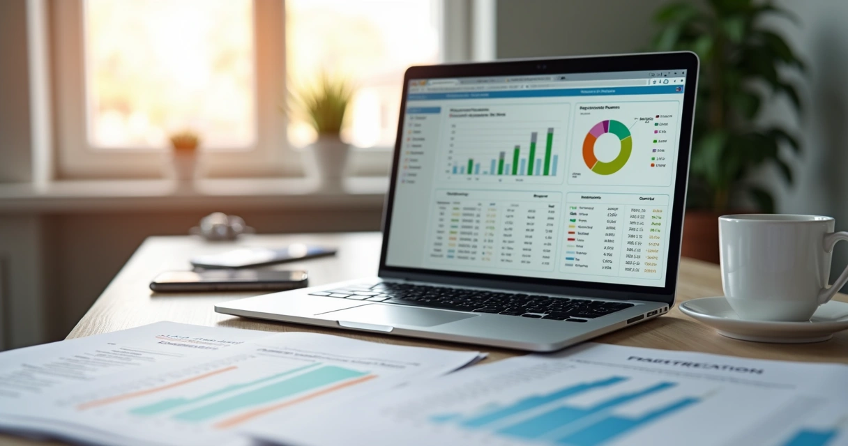 Modern office desk with a laptop showing financial software dashboard and printed spreadsheets side by side