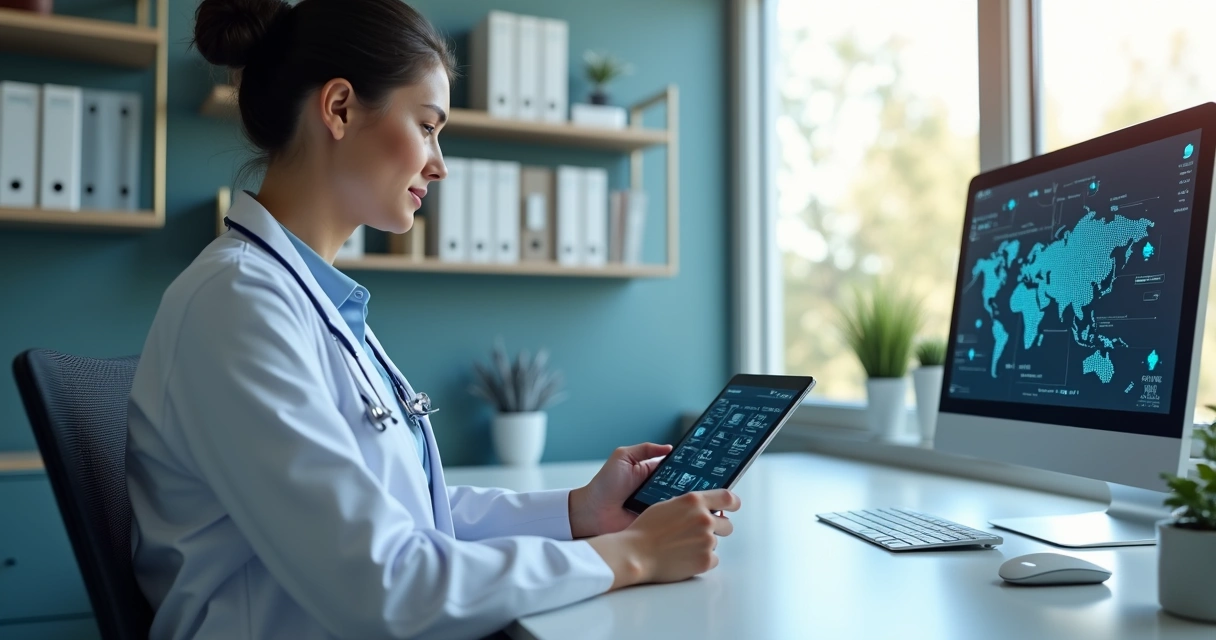 Healthcare professional updating digital records on a tablet in medical office