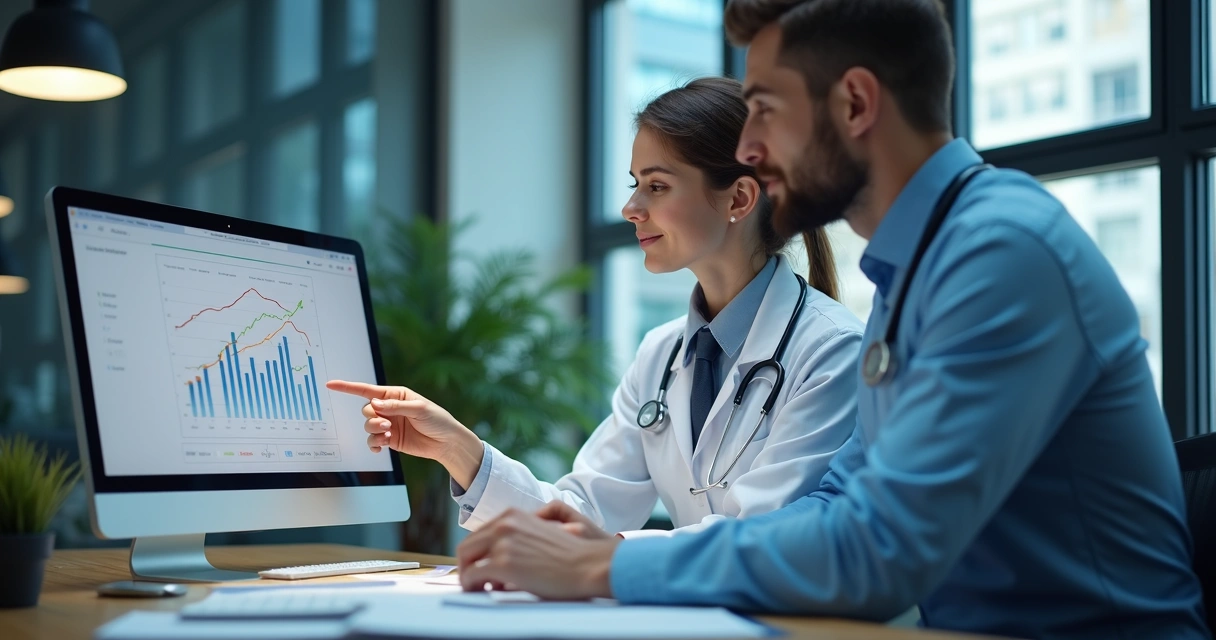 Healthcare professional and accountant reviewing financial charts together in modern office