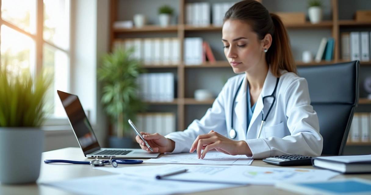 Healthcare professional reviewing financial documents at a desk with a calculator and laptop