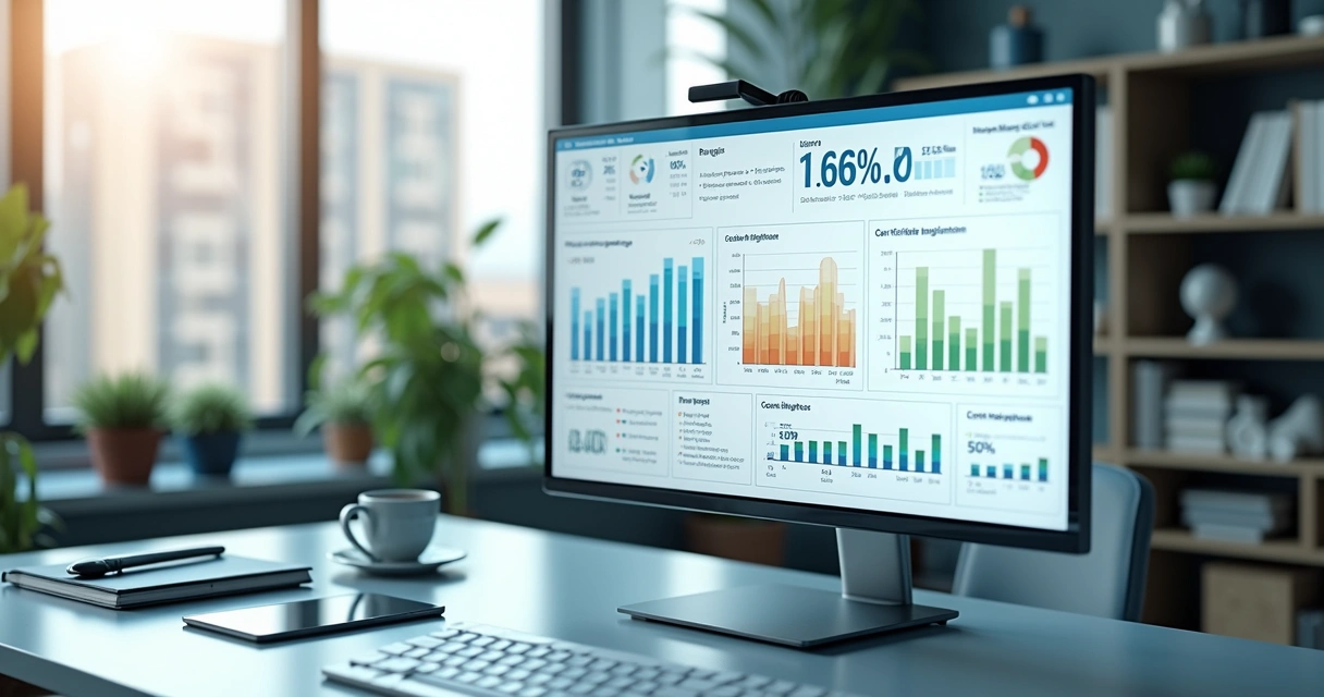 High-resolution hospital financial dashboard on a widescreen monitor showing charts for revenue, profit margin, cash flow, and overdue payments