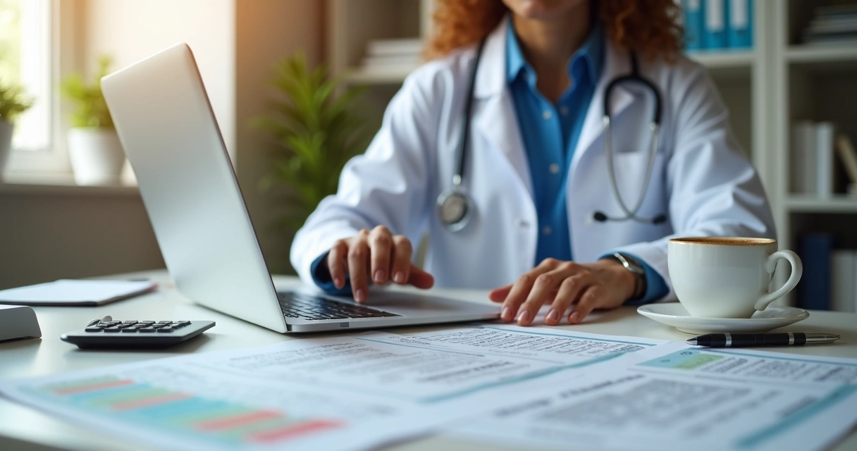 Healthcare professional calculating INSS payment on laptop with documents and calculator on desk