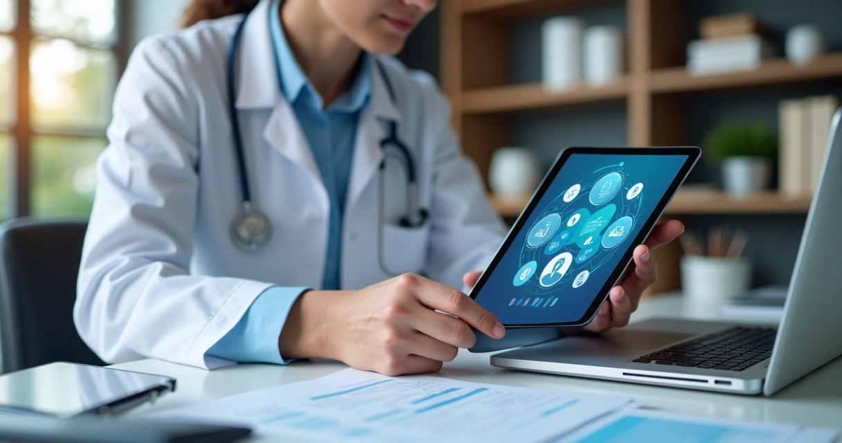 Healthcare professional analyzing tax documents with a tablet displaying telemedicine icons