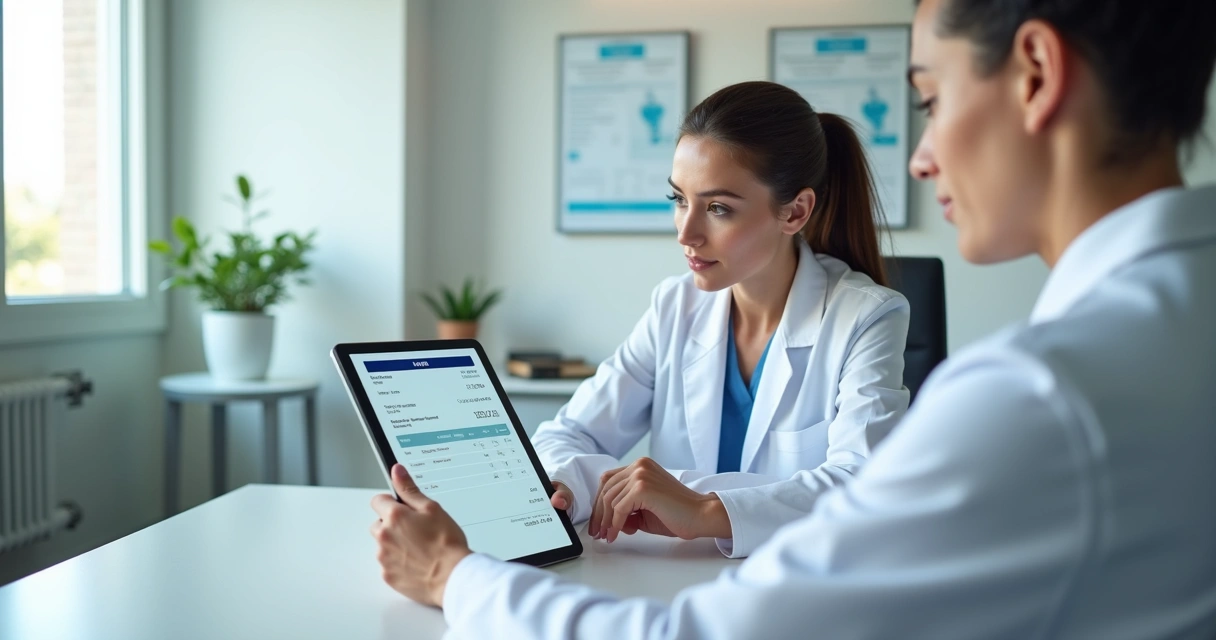Healthcare professional using a tablet to issue a digital invoice in a modern clinic setting