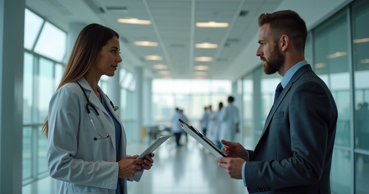 Accountant explaining tax options to hospital manager in modern office