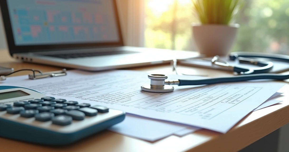 Desk in a medical clinic with fiscal documents, calculator, and laptop