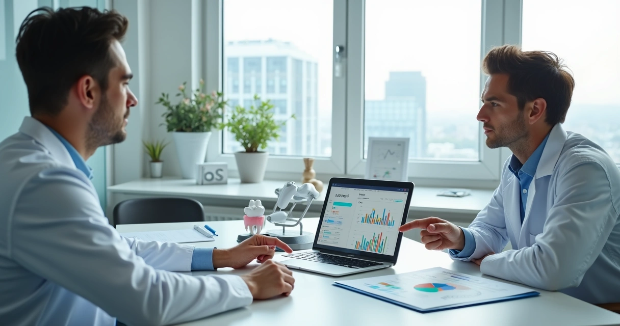 Dentist reviewing tax reform documents with accountant in modern office