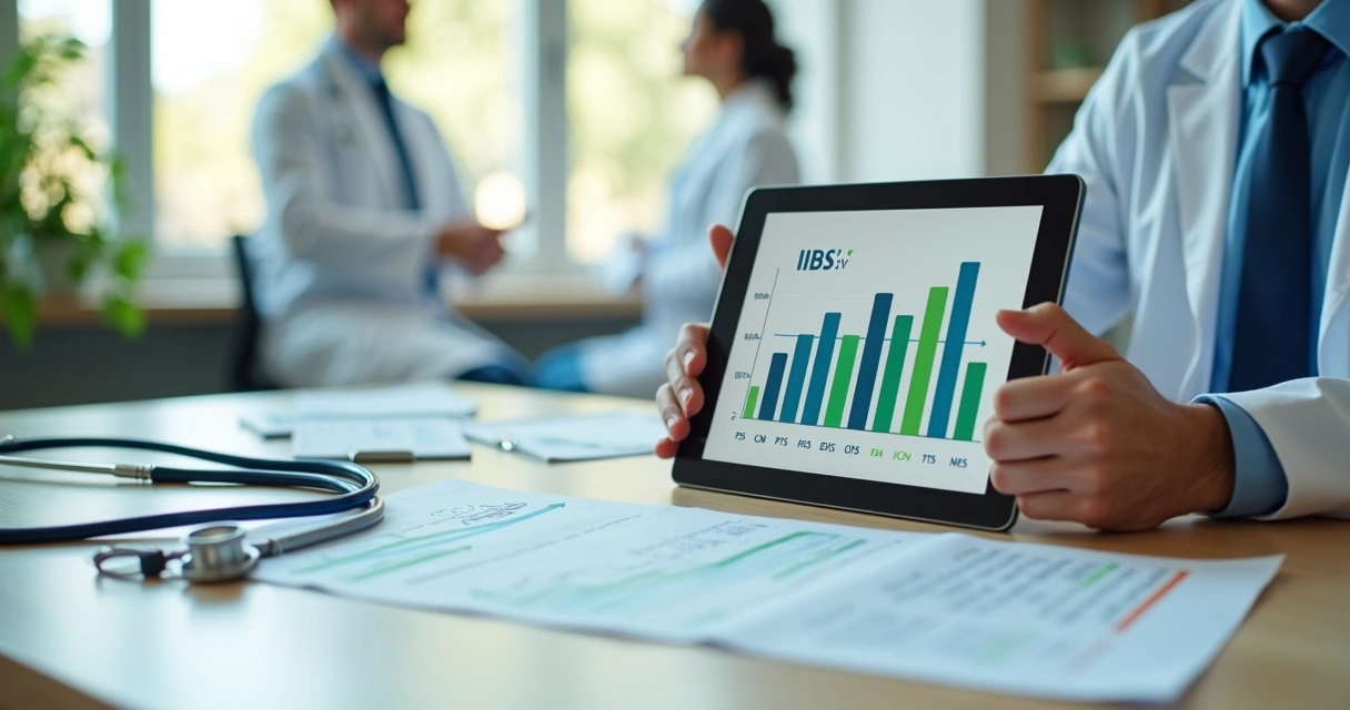 Medical clinic manager reviewing tax reform charts on a tablet with IBS and CBS highlighted