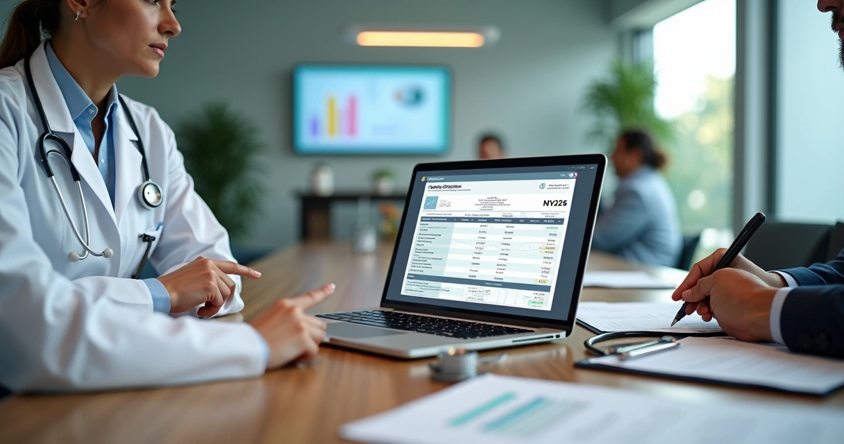 Health professionals reviewing NFS-e 2026 tax compliance on a computer in a clinic