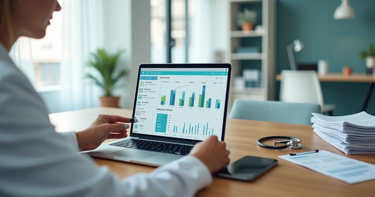 Health professional reviewing automated financial dashboard in medical clinic
