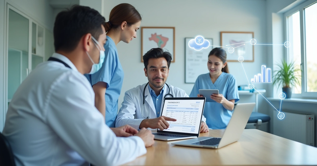 Doctor reviewing digital service invoice on laptop in medical clinic