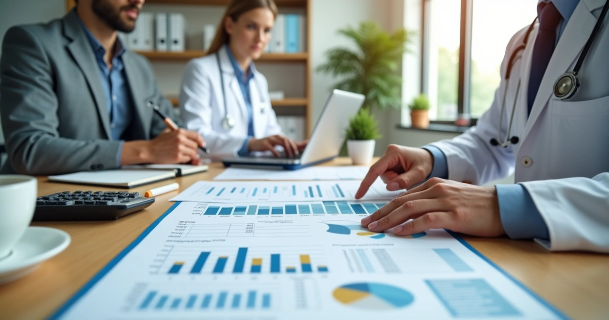 Doctor reviewing financial reports with accountant in medical office