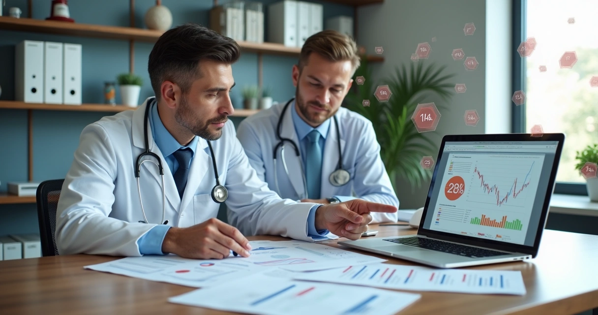 Doctor and accountant analyzing clinic finances with tax documents on a desk